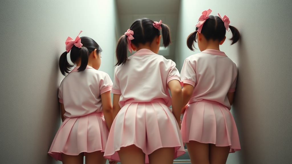 Chubby 14-year-old Japanese schoolgirls in pink pigtails, tiny or small skirts, climbing a ladder, rear wide low angle POV.