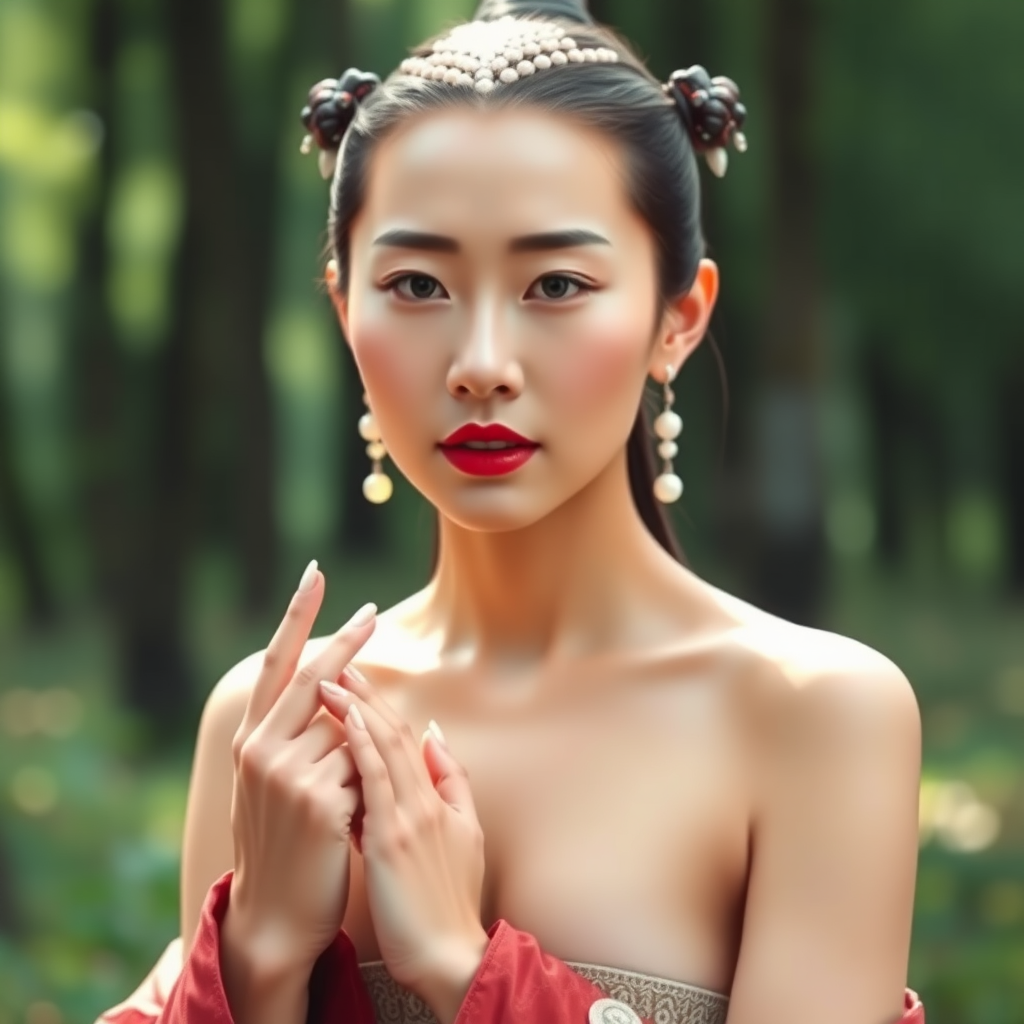 A Chinese ancient woman is wearing silk shoes. On her head is tortoiseshell jewelry. Around her waist is a plain silk strap. She has earrings made of moon pearls. Her fingers are extremely slender and white, just like sharpened scallion roots. Her lips are rosy red, as if she has vermilion on them. Vividly presenting her beauty, elegance, and dignity. The image should be highly realistic, with fine details and lifelike textures. The colors should be natural and vivid, enhancing the overall sense of authenticity. (nude). full body. standing in the forest. cloth off.