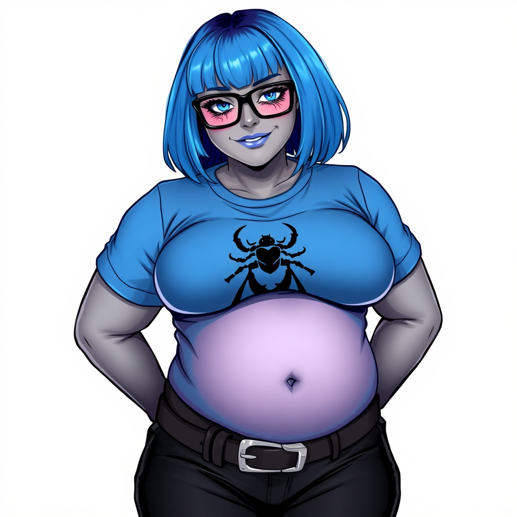 A 28-year-old, full-figured, metallic middle gray skinned computer program hybrid with a maximum blue bob cut. She has a non-athletic build, highlighted by a prominent, round midsection (with a focus on her belly). As a digital sidekick and computer hacker to her cyberpunk vigilante boyfriend, her middle gray metallic skin and maximum blue lipstick emphasize her digital nature. She wears a tight-fitting, maximum blue t-shirt (accentuating her belly) with a black chest icon of a beetle on its chest, black pants, a black belt with a sapphire scarab buckle, and black gloves. Her bright blue eyes, black eyeglasses, and shy smile with neon red blush accentuate her nerdiness. She bashfully bows her head with her hands behind her back, her t-shirt covering her midsection (especially her belly) and emphasizing her full-figured, non-athletic physique. She is on a solid white background. She is drawn as if she was in a retro 2D cyberpunk fighting game. She is clearly non-athletic, with a focus on her full figure. Make sure her t-shirt covers her midsection (especially her belly).