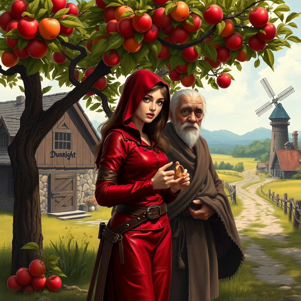 A wide distance shot of a pretty female adventurer in subtle red leather clothing with a hood, standing next to a thin, short, frail clean-shaven old farmer wearing rags and who looks ill. She is holding a gold ring towards him but he waves it away. Apple trees surround a pastoral fantasy house near a road to "Dunright". A fantasy village and mage tower with windmill in the distance. 1980's D&D art style.