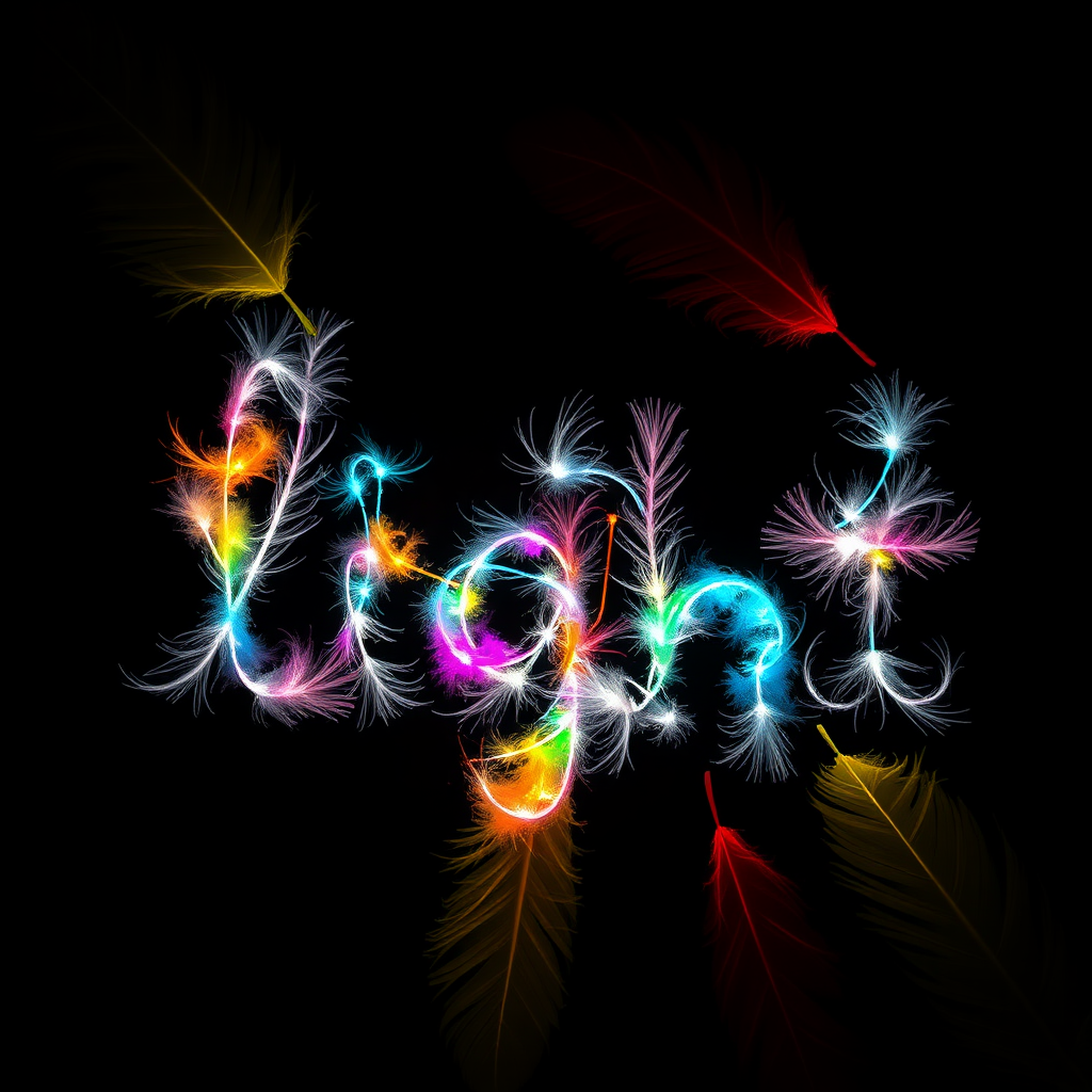 Word “light” made from various colorful feathers, black background