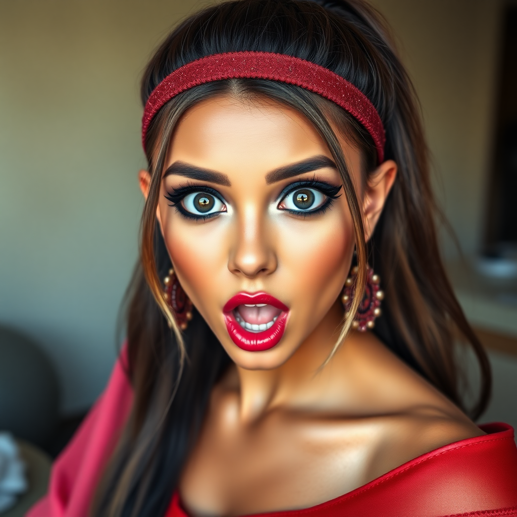 surprised Arabian girl with mouth open. She has very large eyes, black eyeshadow, black eyeliner, fake eyelashes, very tanned skin, very long hair. very high ponytail, red off shoulder shinny crop top. photo realistic