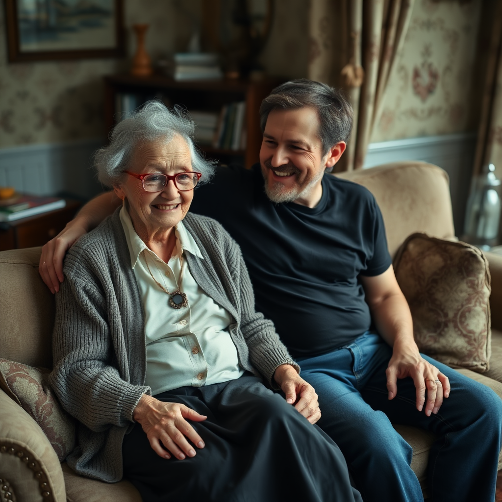 In a scene viewed from an angle and slightly above: In an old-fashioned English living room, a very frail and thin, very elderly English lady with a kind smile, short, thinning white curly hair, wrinkled face, neck, and skin, wearing thin framed glasses, an old cardigan, blouse, and long skirt is sitting on a sofa with an English man about 40 years old, grey stubble on his chin, brown hair, sitting close next to her on the same sofa, wearing a black T-shirt and dark blue jeans. The man and woman are smiling at each other.