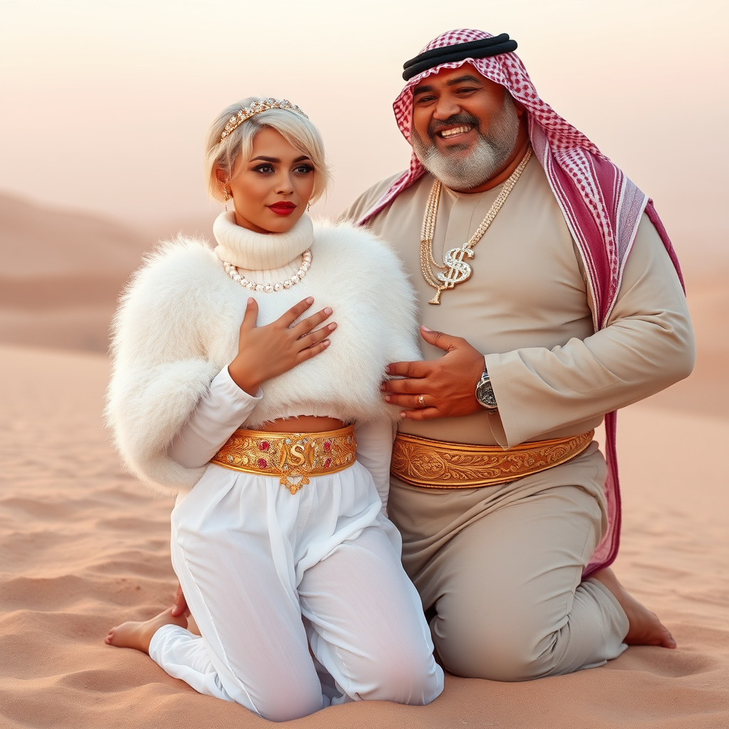 Kuwait desert dunes misty dawn: Melissa, European 17 years old very convincing femboy “trophy-bimbo”, tamed servile docile, very beautiful feminine flawless face, rather short boyish figure, platinum blond short tight curls, bold red lips, heavily made-up face, wearing Supertanya-style fluffy very fuzzy bright white angora turtleneck-poncho cropped ending under bust decorated with pearls and gemstones, striking oriental wide gold bridal protection belt, white fully transparent harem pants, full Oriental bridal jewelry with striking headpiece, full Oriental face-jewelry, striking diamond “$$$” letter brooch on left chest, pout frustrated, hands tied behind back, kneeling in sand with older overweight mighty sheik laughing, devotedly embracing Melissa..