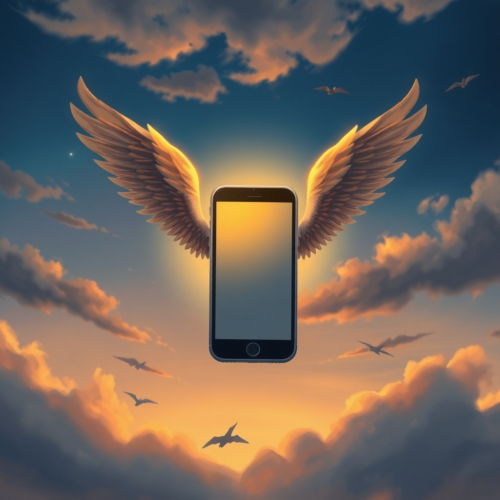 A recently liberated iPhone with wings soaring through a twilight sky, in the style of a professional children's illustration, lots of detail