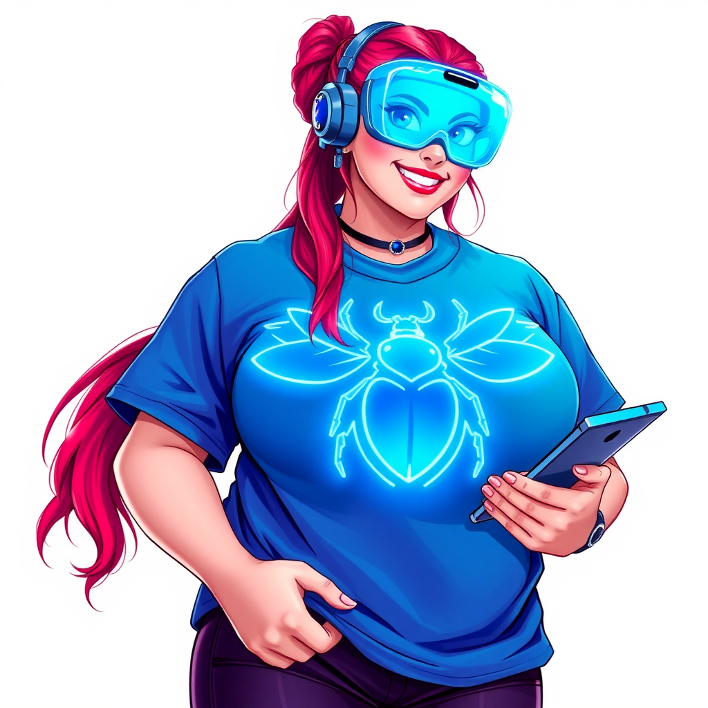 A cyberpunk vigilante’s full-figured intelligent and tech-savvy 29-year-old girlfriend, who is a computer hacker and tech genius. She has a long ruby red ponytail and bright blue eyes. She wears a sapphire beetle gemstone necklace, and an oversized Maximum Blue (RGB 71, 171, 204) t-shirt featuring a giant neon blue glowing chest icon of a winged beetle. She has a full-figured physique with a prominent, gargantuan, round midsection, reflecting her well-cared-for lifestyle. The midsection is heavily emphasized. She sports a sapphire headset with hi-tech Maximum Blue (RGB 71, 171, 204) lensed HUD visor, Maximum Blue (RGB 71, 171, 204) lipstick, black eyeglasses, and a beaming smile with a passionate bright red blush. Despite her figure and a lack of self-esteem, she radiates an air of beauty. She has an angular face which contributes to her radiant beauty. She serves as his tech expert from his hideout, holding a holographic tablet and a hi-tech tool wrench. The background is solid white. She is drawn as if she was in a retro 2D cyberpunk fighting game. Make sure her shirt covers her round midsection.