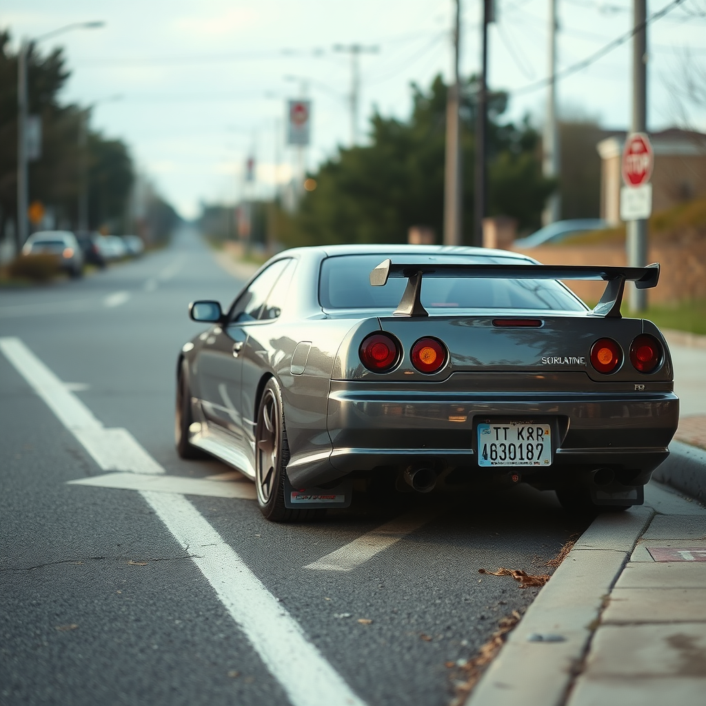 the car is parked on the side of the road, inspired by Taiyō Matsumoto, tumblr, restomod, nd4, c4 metallic shine nissan skyline r34