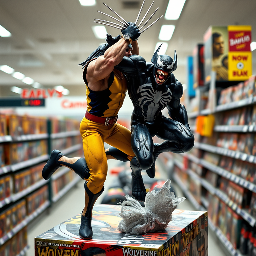 Jumping out of a Comic book cover on a store shelf is Wolverine and Venom. Wolverine has his claws impaled into Venom holding him in the air over his head in Cinematic Real3D photo-realistic quality.