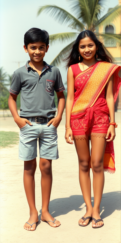 A vintage photo, 1980s. Hot summer. India. A tall 14yo teen boy and girl. Long legs, bare thighs. Full length view.