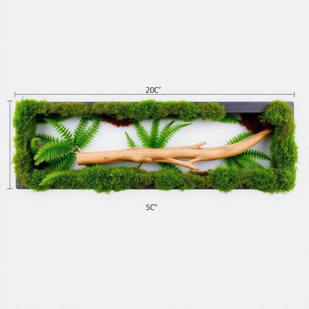 A horizontal frame measuring 20 centimeters long, 15 centimeters wide, and 5 centimeters deep is filled with ferns and moss, with a piece of driftwood in the center, and the moss covers the empty corners of the frame.