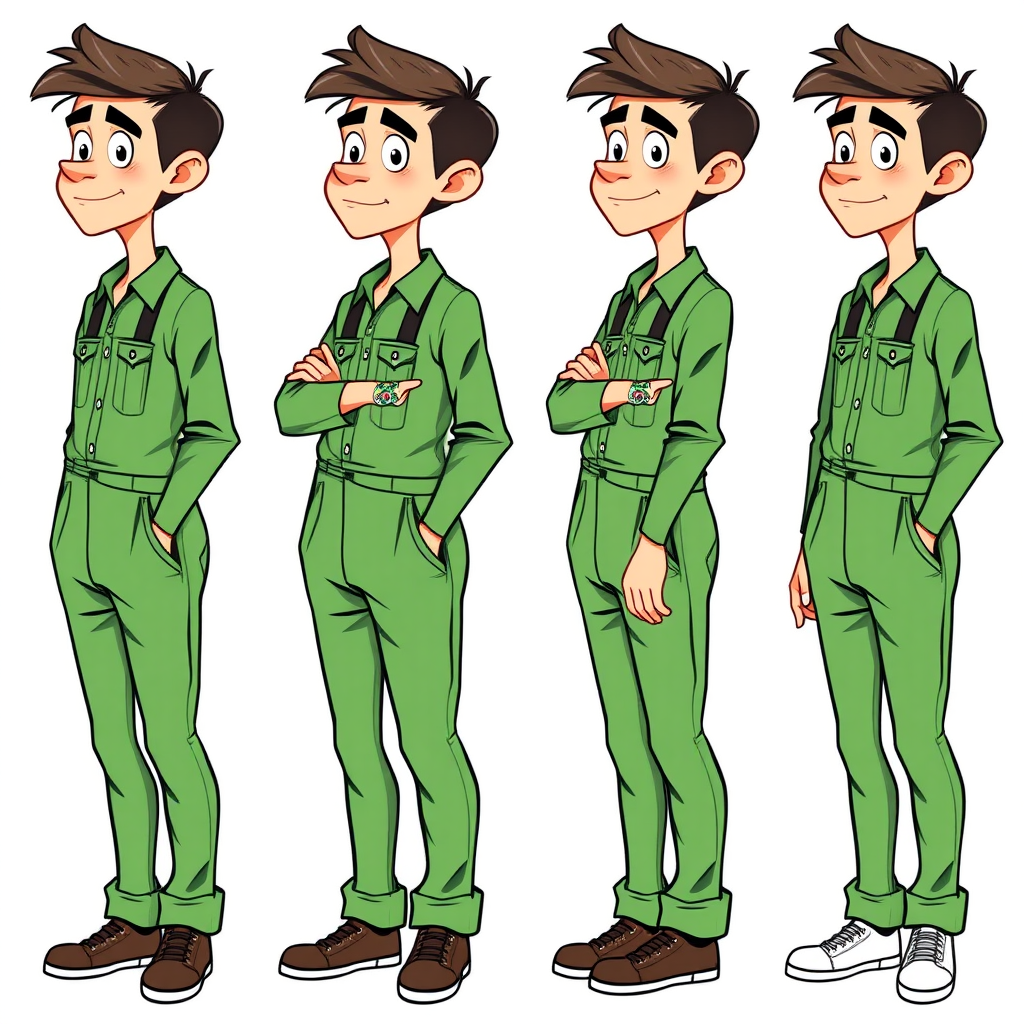 multiple views with progression, character design sheet, blushing shy nervous 20 year old european skinny man, wearing long sleeve green coveralls, is trying to hide his excitement, detailed features, bulging pants, long establishing shot, 2D, caricature, cartoon, Sketch lines, coloring book, black and white, coloring book style on white background, well composed, clean coloring book page, No dither, no gradient, strong outline, No fill, No solids, vector illustration, side view, vector illustration, empty space around each view