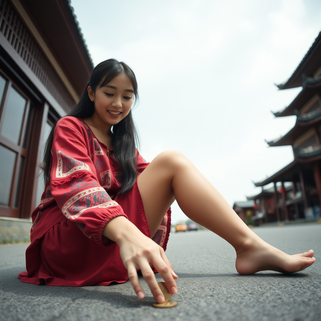 photo low angle full body shot beautiful xiaomeimei looking down. She is sitting legs stretched out. there is a coin on the ground she is reaching for. her expression is delighted surprise