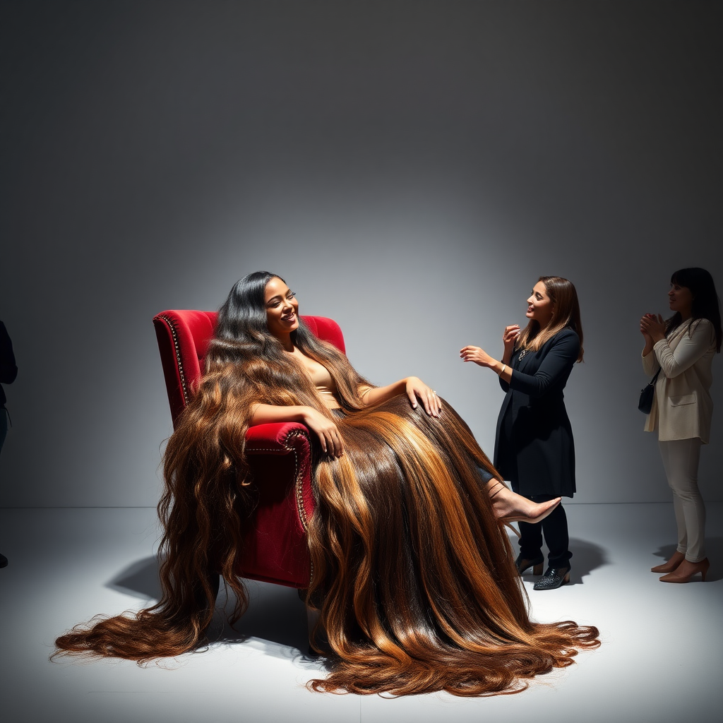 In a strikingly minimalist art gallery, the spotlight shines on an elegant, richly upholstered chair where the breathtaking Beyoncé reclines gracefully. Her extraordinarily long hair cascades like a flowing waterfall, glistening with an array of hues—from deep, luscious black to shimmering chestnut—each strand reflecting the luminous light around her. She wears a stylish, form-fitting outfit that accentuates her figure, blending seamlessly with the contemporary aesthetic of the exhibit.

Surrounding her is an engaging performance art space, thoughtfully designed with a soft, well-lit ambiance that draws visitors in. The plain gray background serves as the perfect canvas, allowing her radiant presence to take center stage. Visitors, drawn by curiosity and admiration, are invited to partake in this unique interactive experience, gently playing with her hair, which feels silky and luxurious between their fingers.

As they weave their hands through her long locks, a sense of shared connection fills the room—laughter, whispers of admiration, and the muffled sounds of awe echo through the gallery. Beyoncé smiles warmly, her eyes twinkling with delight, engaging with her audience, creating an atmosphere that blends artistry, intimacy, and the celebration of beauty.