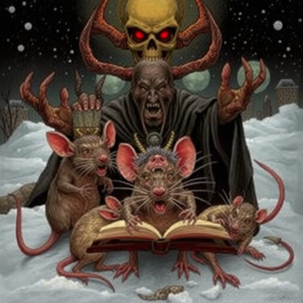 Demon rats invading Boston, Satan, blizzard, ancient aliens, conspiracy theories, cryptid, sinister, occult, occult grimoire illustration