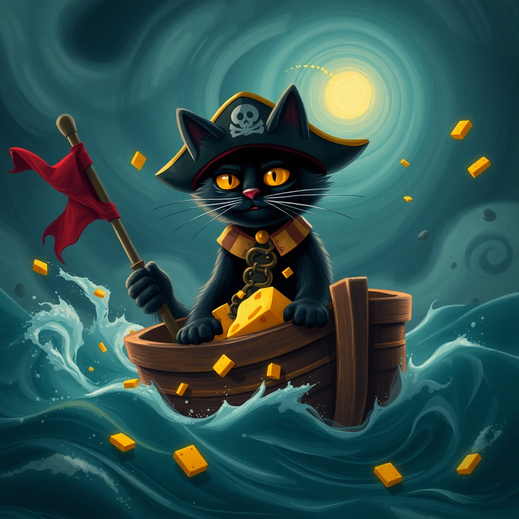 Black cat pirate with treasure cheese filled with cheese on a pirate ship in a hurricane