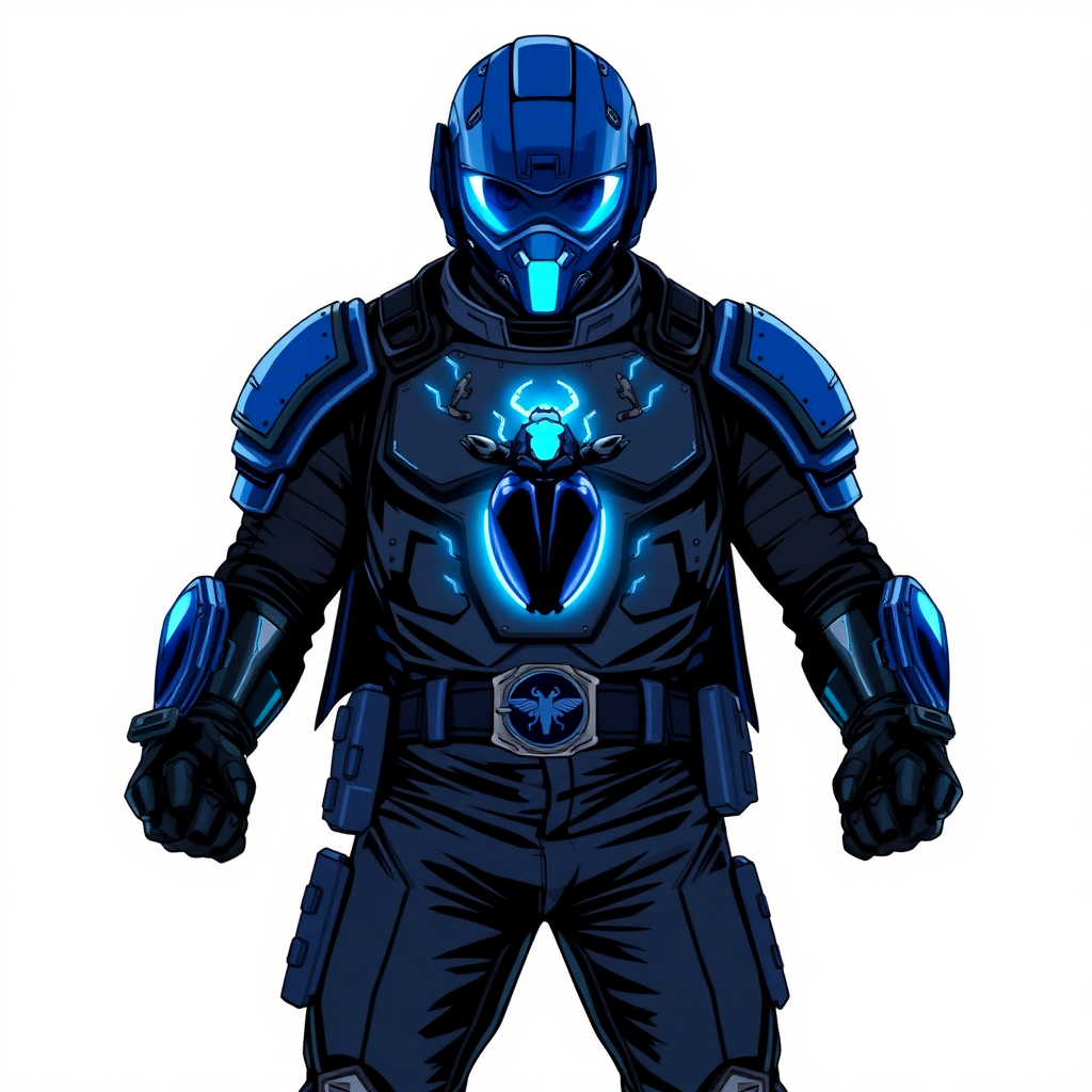 A 28-year-old cyberpunk vigilante stands heroically, clad in a high-tech, maximum blue armor featuring a neon blue glowing beetle on the chest. They wear black biker pants, a black belt with a sapphire beetle buckle, and a maximum blue full dome helmet with neon blue glowing lenses. Their hands are protected by black metal gloves, all set against a solid white background. He is drawn as if he was in a retro 2D cyberpunk fighting game.