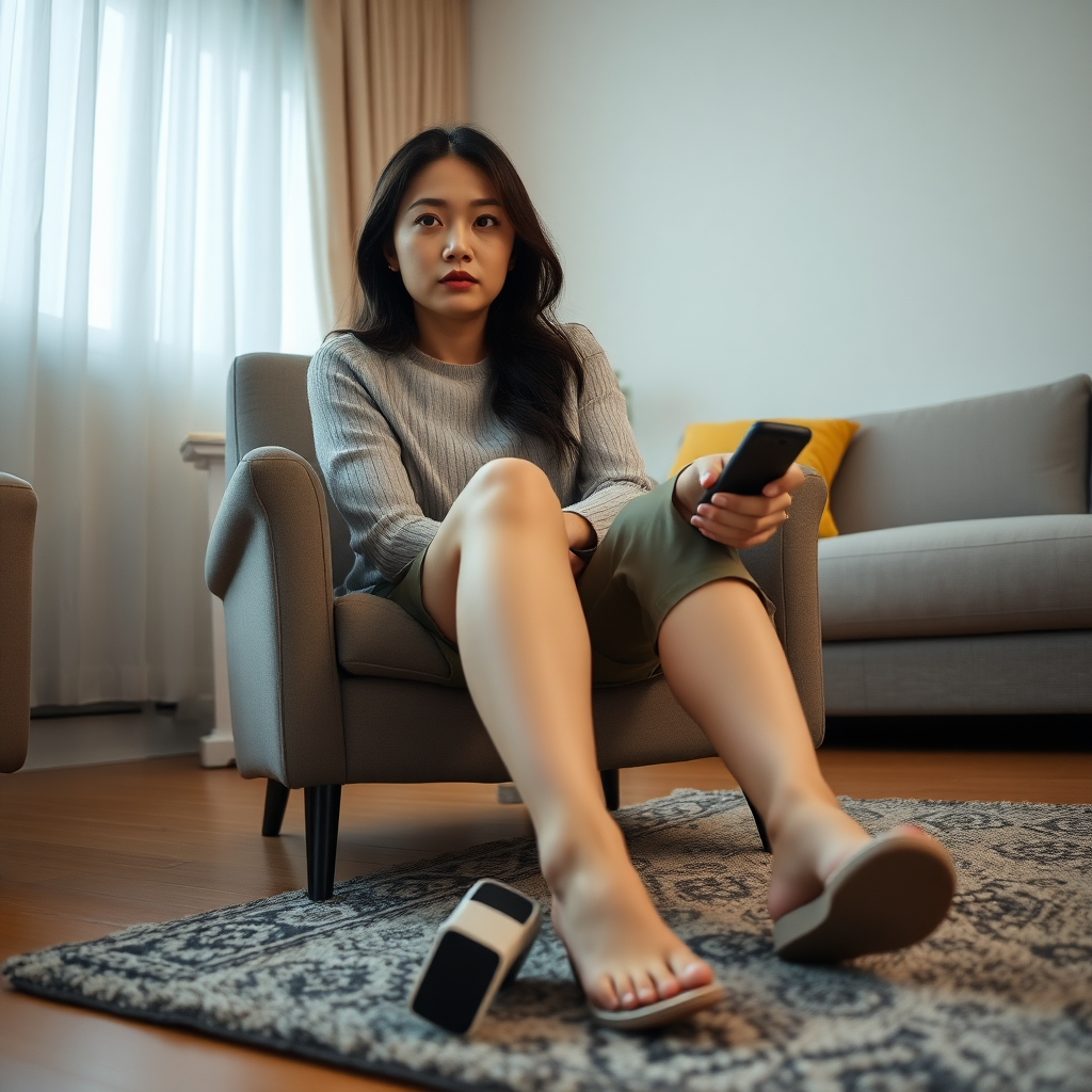 Photo low angle full body shot beautiful Xiaomeimei looking ahead. She is sitting on a chair in a living room. She looks tired. She is pressing a button on a remote control. There is a rug on the floor in front of the chair. She is barefoot. Her shoes lie on the rug where she kicked them off.