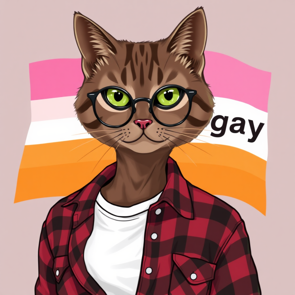 female cat-man brown color with a flag behind, featuring horizontal colors pink/light pink/white/light orange/orange, colors in that order with the word "gay" written on it, wearing semi-round glasses, an unbuttoned red and black checkered shirt over a white t-shirt, in digital art