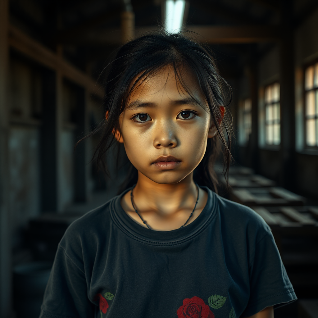 A very sad and hungry young Laos Teengirl with a very old T-Shirt in a very dark old and mystery Factory