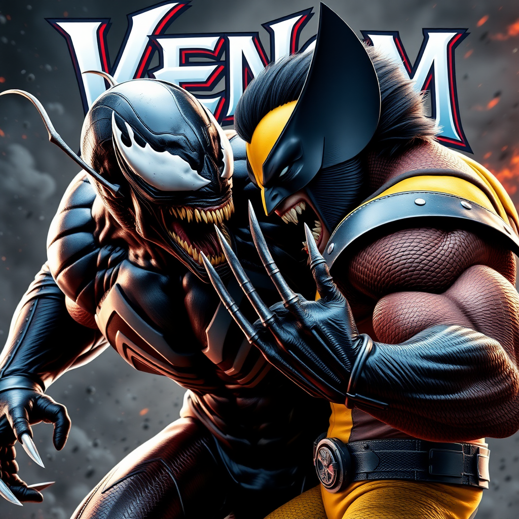 On a comic book cover is Venom Vs Wolverine in Cinematic Real3d photo-realistic quality.