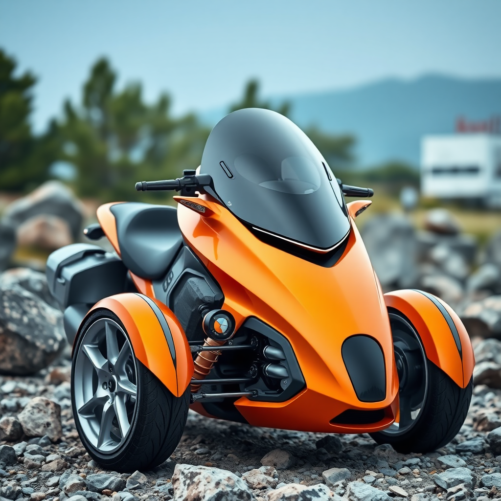 A photo of a futuristic 3-wheel motorcycle with an Audi design, featuring smooth design lines and a vivid orange color. The motorcycle has a sleek, aerodynamic body with a transparent canopy. It is parked on a rocky terrain with large boulders. The background is blurred, with a few trees and a building visible in the distance.