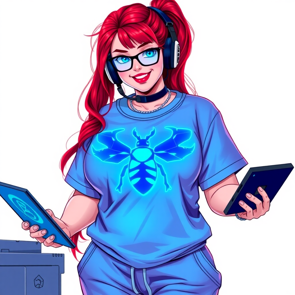 A cyberpunk vigilante’s full-figured intelligent and tech-savvy 29-year-old girlfriend, who is a computer hacker and tech genius. She has a long ruby red ponytail and bright blue eyes. She wears a sapphire beetle gemstone necklace, an oversized Maximum Blue (RGB 71, 171, 204) t-shirt featuring a giant neon blue glowing chest icon of a winged beetle, and matching Maximum Blue sweatpants. She has a full-figured physique with a prominent, enormous, round midsection, reflecting her well-cared-for lifestyle. She sports a sapphire headset with a hi-tech sapphire lensed HUD visor, Maximum Blue (RGB 71, 171, 204) lipstick, black eyeglasses, and a beaming smile with a passionate bright red blush. Despite her figure and a lack of self-esteem, she radiates an air of beauty. She has an angular face which contributes to her radiant beauty. She serves as his tech expert from his hideout, holding a holographic tablet and a hi-tech tool wrench. The background is solid white. She is drawn as if she was in a retro 2D cyberpunk fighting game. Make sure her outfit covers her midsection.