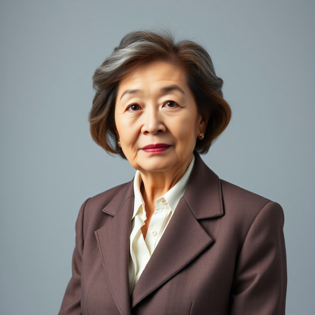 80 age old korean woman, front, woman suit, photo studio background,