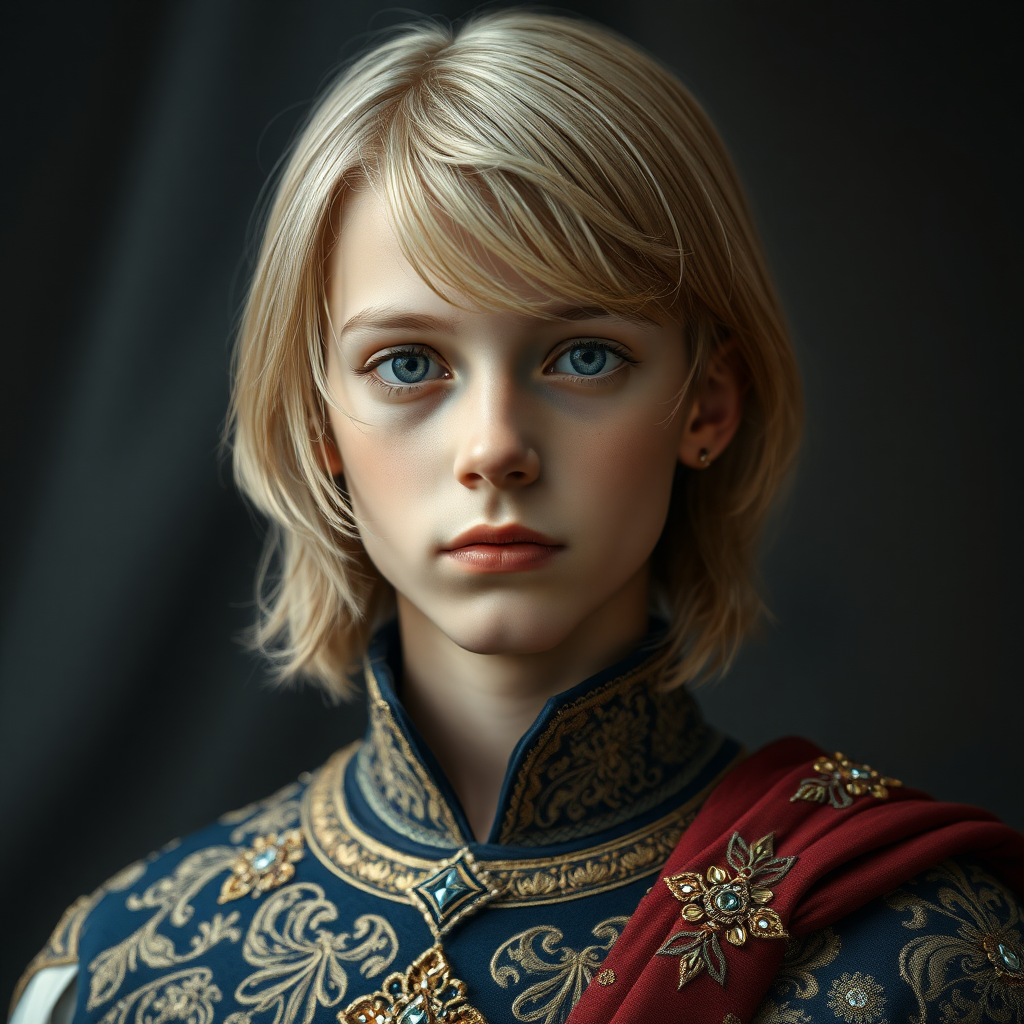 16yo teen boy prince, long bob cut, embroidered with gold and diamonds medieval cloths. photorealistic, ultra high resolution, 16K,