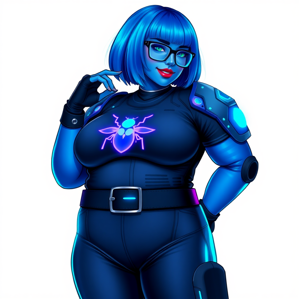 A 28-year-old, full-figured, metallic maximum blue (5PB 5/10) skinned computer program hybrid with a maximum blue bob cut. She has a non-athletic build, highlighted by a prominent, round, large midsection (with emphasis on her round large belly), which shows the effects of her new love of junk food acquired from her boyfriend. As the full-figured, nerdy, digital sidekick to her cyberpunk vigilante boyfriend, her metallic maximum blue skin and maximum blue lipstick (5PB 5/12) emphasize her digital nature. Her skin has a subtle, animated glow, with digital patterns occasionally flickering across it, making her digital nature obvious. She wears a digital, computerized costume, consisting of a massive, tight-fitting, maximum blue biker shirt (5PB 5/12) made out of advanced nanotech with a neon blue glowing chest icon of a beetle, hi-tech shoulder pads with neon blue accents, a black hi-tech belt with a digital neon blue glowing buckle, digital maximum blue biker pants (5PB 5/12) with neon blue accents, and black hi-tech fingerless biker gloves with neon blue glowing accents. Her neon blue glowing eyes, black eyeglasses with neon blue glowing lenses equipped with a built-in HUD, and bashful smile with neon red blush accentuate her nerdiness. She stands bashfully with one hand behind her back and the other hand gently touching her cheek, her costume covering all her skin and emphasizing her full figure (especially her round large belly). She is clearly non-athletic, with a focus on her full-figured physique. Despite her build, she radiates beauty. She has a slim face compared to her physique, accentuating her radiant beauty. She is on a solid white background. She is drawn as if she were in a retro 2D cyberpunk fighting game.