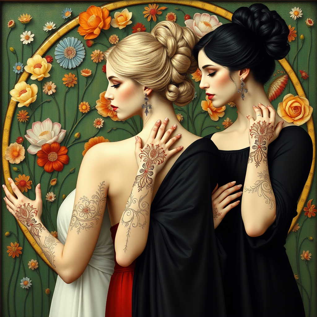 Prompt by picture with: In the Max Klimt style. Women (one is blonde and two are black-haired) with filigree henna tattoos on their hands and arms stand in front of an Art Nouveau relief with many small colorful flowers painted on a green background. They have very, very white skin. The hairstyles are updo hairstyles in Art Nouveau.