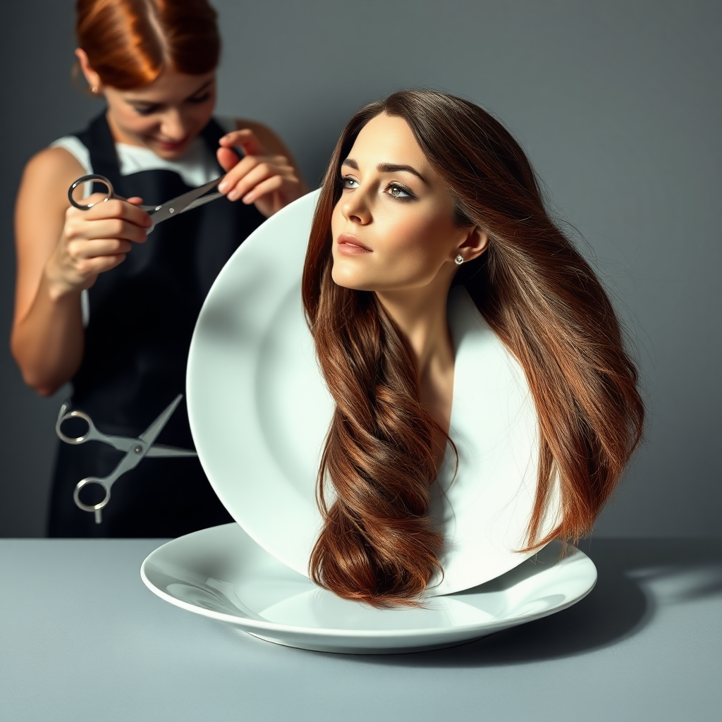 In a strikingly surreal scene, a beautifully crafted porcelain plate holds the disembodied head of a graceful Kate Middleton, her long, flowing hair cascading around like a luxurious waterfall of silky strands, shimmering in various shades of deep chestnut. Each hair seems to catch the light, creating an almost ethereal glow. Nearby, a meticulous hairdresser, dressed in a sleek black apron, carefully snips away at Kate's locks with precision scissors, their actions fluid and deliberate, emphasizing the delicate artistry of the moment.

The setting boasts minimalist decor, with a plain gray background that heightens the focus on this bizarre tableau. Soft shadows play across the smooth surface of the plate, enhancing the haunting beauty of Kate's serene expression, which conveys both elegance and an uncanny sense of stillness. The atmosphere is a blend of surreal calm and unsettling intrigue, pulling the viewer into a dreamlike space where reality and imagination intertwine. Gentle noises of scissors softly clipping away hair are the only sounds in this peculiar yet captivating scenario, heightening the tension and drawing viewers into this striking juxtaposition of beauty and the bizarre.