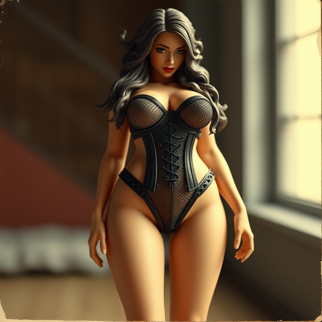 old polaroid photo of low detail 3d printed plastic figurine of sexy thicc curvy succubus girl wearing revealing black mesh bikini gstring thong and corset