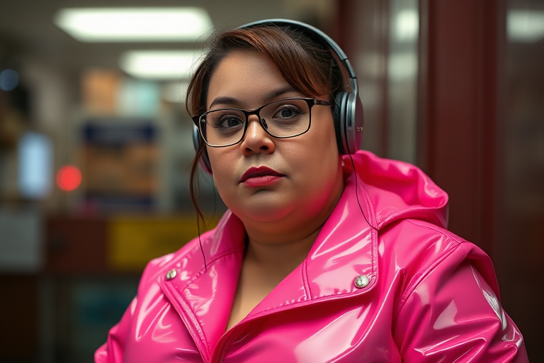 35 year old woman, fat face, pink pvc suit