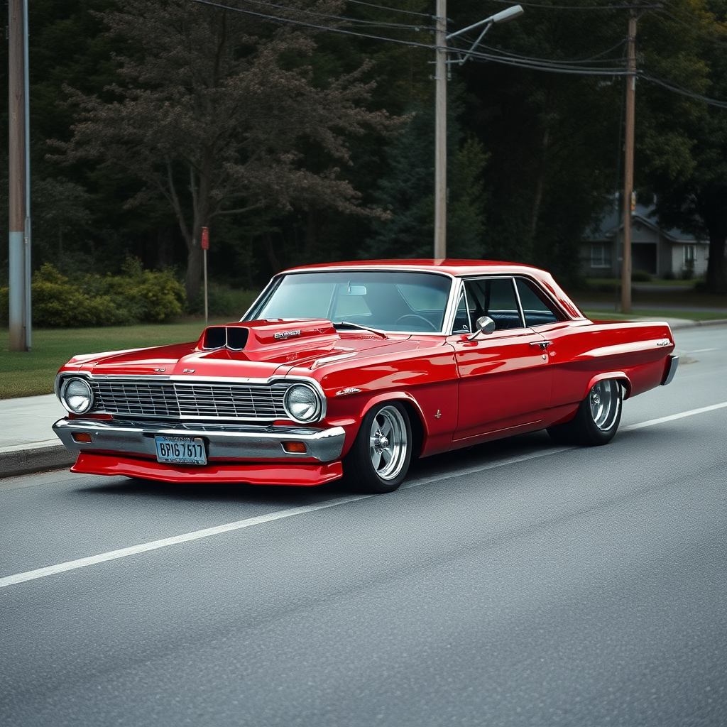 the drag car is parked on the side of the road, inspired by Taiyō Matsumoto, tumblr, restomod, nd4, c4 metallic shine candy red classic american low rider custom ford