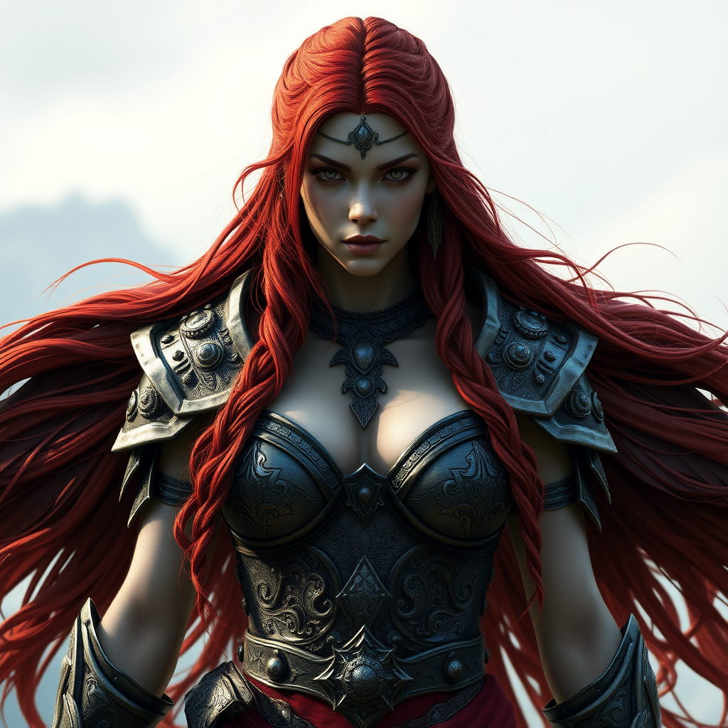 A warrior woman with a magnificent chest of the Aasimar race, long flowing red fantasy hair, 16K, photorealistic.