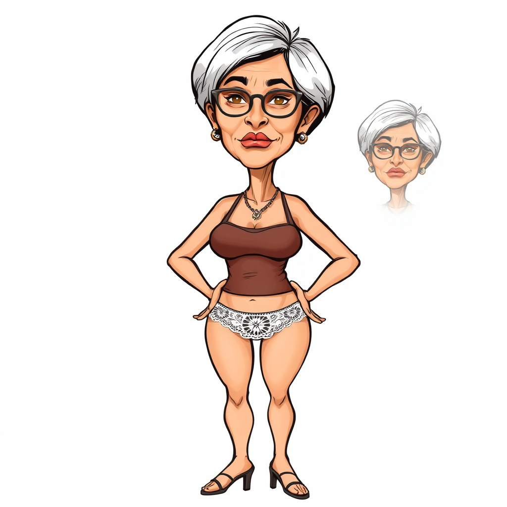 a towering 55 Years old, fit, slim, European, Latina, sharp aquiline nose, wrinkles, high cheekbones, Middle Eastern, Skinny, Tanned skin, Dark light skin, Rounded Medium breasts, Skinny thighs, full Makeup, jewelry, Serious face, Sharp nose, Ash hair, short bowl haircut, Brown eye color, Glasses, with detailed features. Hands on hips, she is wearing a transparent brown tight tank top and tight white lace thong, detailed fabric.  full body, high heels sandals, she is gesturing at the viewer, 
long establishing shot, 2D, caricature, cartoon, Sketch lines, coloring book, black and white, coloring book style on white background, well composed, clean coloring book page, No dither, no gradient, strong outline, No fill, No solids, vector illustration, realistic proportions