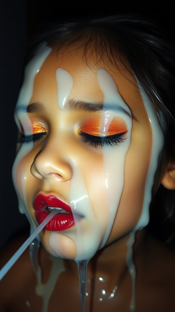 six-year-old-latina-female-child.  
She is wearing intense-orange-glitter-eyeshadow, thick-winged-eyeliner with very-dramatic-eyeliner-wings, and dark-burgundy-glossy-lipstick.  
Her face is covered with very thick random-angle streams of goopy, stringy, glistening, clear liquid with a white hue.  
The liquid is squirted onto her lips.  
She has her eyes closed.  
She appears to have received a facial.  
A stream of the liquid is flying horizontally towards her mouth.  
They dumped so much liquid on her face.  
Full-body-image, dark motel room at night, amateur flash photography, up-angle-shot, profile view.