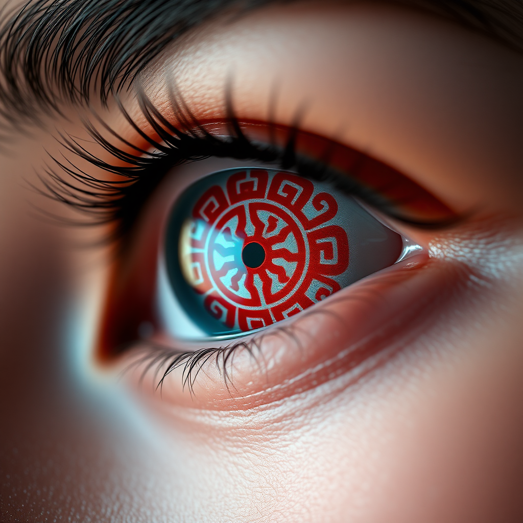 A close-up of eyes with lenses, The eye lens with traditional red and white design Chinese red white Design. The composition emphasizes the eyes and its design, with flash light, focused lights, looking up, 16k, photorealistic, very closeup, soft skin texture visible, daytime, photography taken by window side