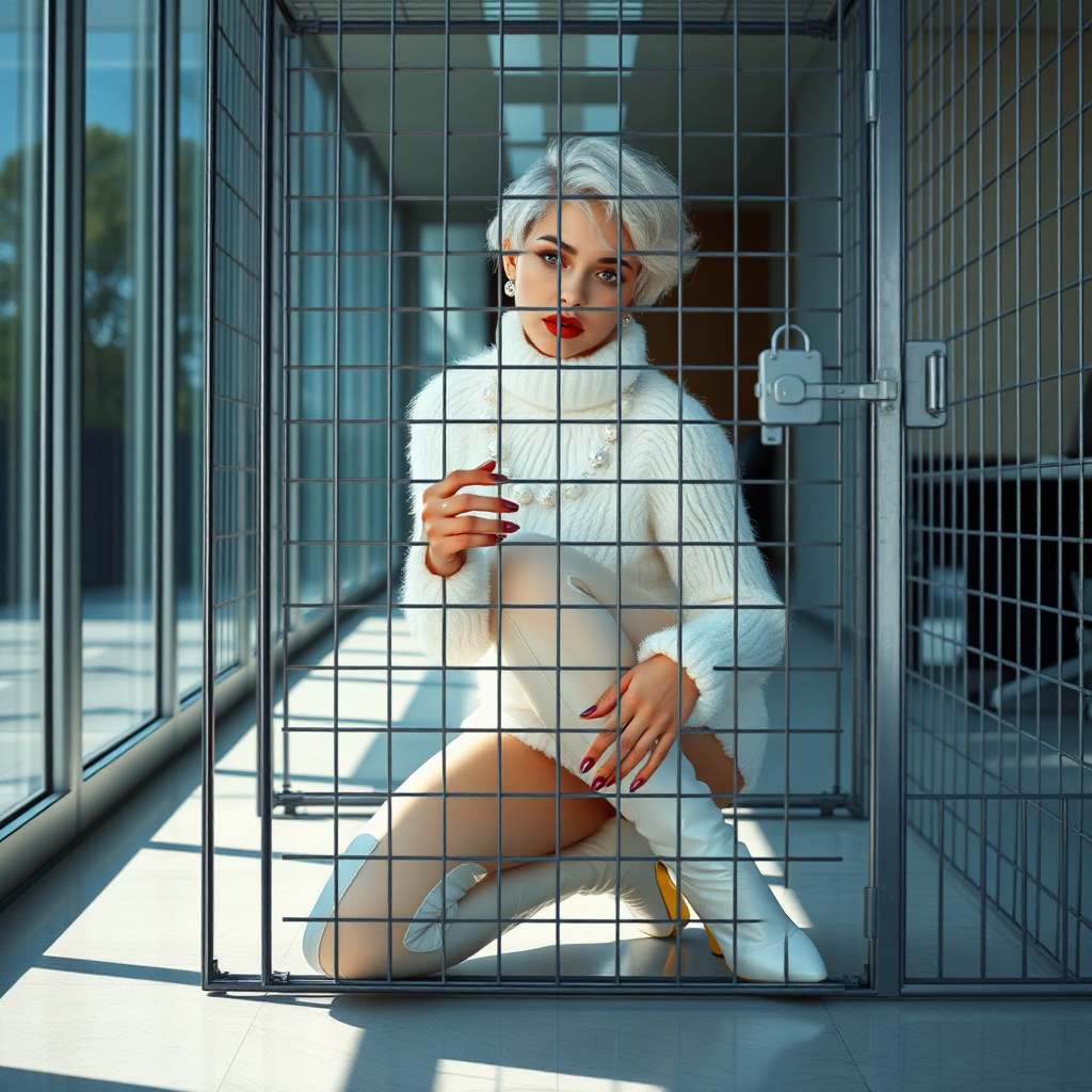 Sunny spring morning, modern glass-steel-concrete office, kneeling inside locked small steel cage, waiting for the master: Ana, European 17 years old very convincing femboy “trophy-bimbo”, tamed servile docile, very beautiful feminine flawless face, rather short boyish figure, platinum blond short tight curls, bold red lips, heavily made-up face, long French nails, wearing Supertanya-style chunky fluffy very fuzzy bright white plushy mohair figure-hugging turtleneck-knitdress with white pearl decoration, white vinyl thigh-high boots with golden heels, pearl earrings, serious, leaning forward presenting her assets, arrogantly looking through grid at camera. Full view of office.