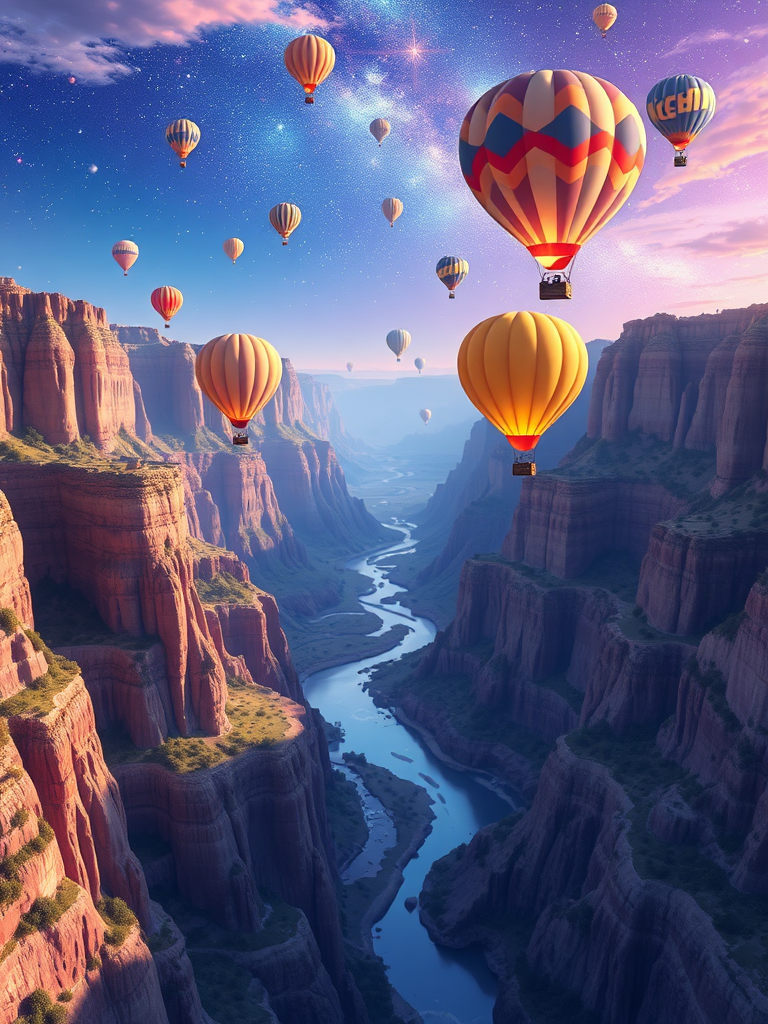 Viral anime nature wallpaper in 4K quality, in the style of Pixar 3D inspired by Up, illustrating a breathtaking canyon with colorful hot air balloons floating above, and a river winding through the canyon floor; bright and cheerful color temperature, cosmos lighting with stars twinkling in the sky, no human characters, the atmosphere is adventurous and uplifting