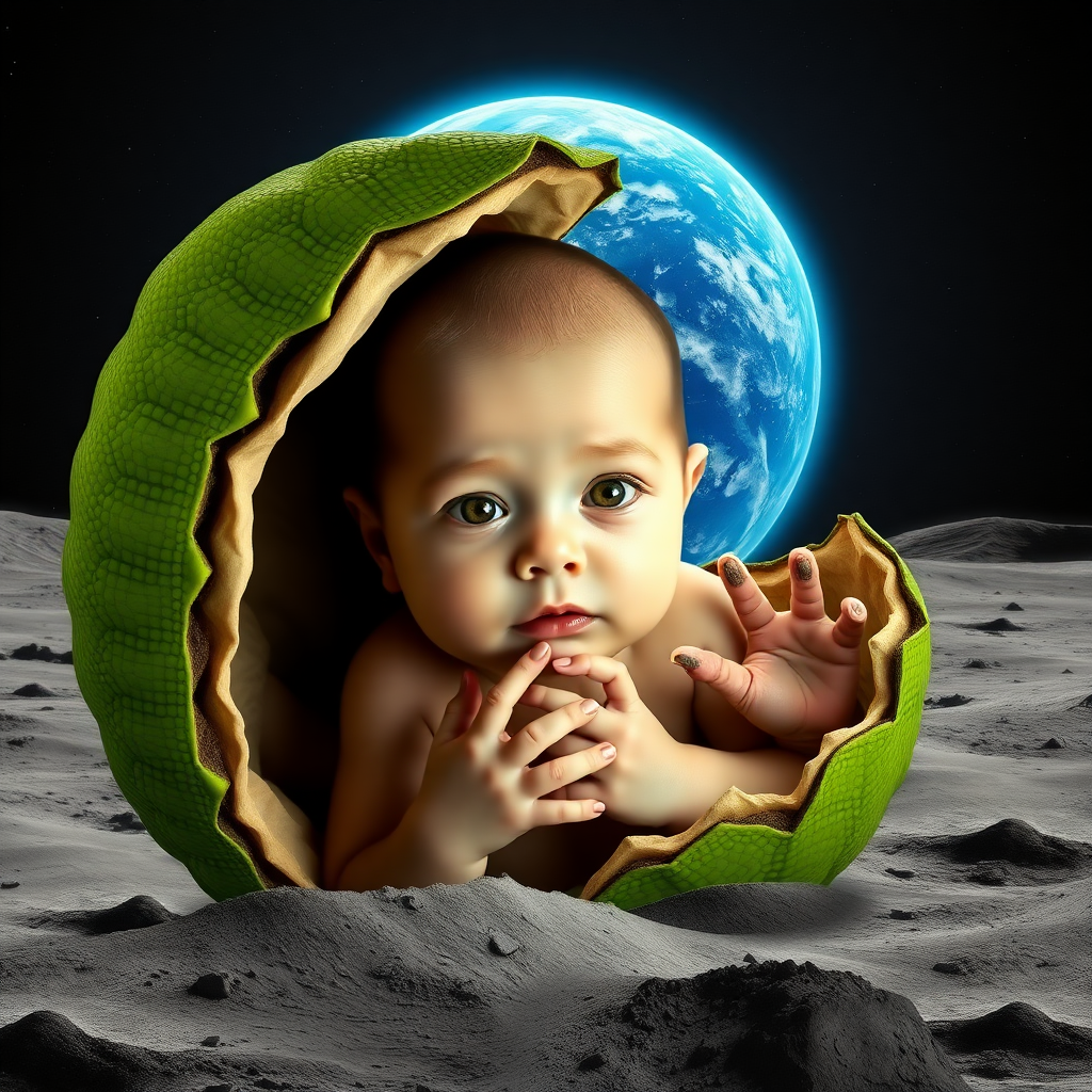 Create a photorealistic mixed picture in Salvador Dali style. With a fresh newborn human baby hatching from what looks like a green reptile egg. The baby looks straight into the camera. The baby has extreme light yellow "alien" pupils. The baby has reptile hands with claws. Scene: moon landscape. Behind you see the shining blue Earth.