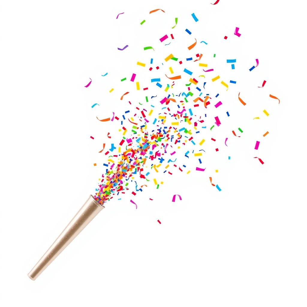 colorful confetti popper tube shooting big confetti into the air, at an angle, white background, realistic, beautiful