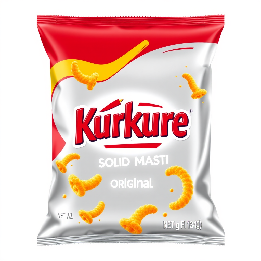 Design a fresh, eye-catching package for Kurkure Solid Masti in the Original flavor. Shift away from the current design by introducing a more modern, clean look. Use bold, contrasting colors like deep red, yellow, and metallic silver to emphasize the crunchy and savory nature of the original flavor. Incorporate abstract waves or sharp lines to give the packaging a dynamic and vibrant feel, symbolizing the burst of taste. The Kurkure logo should remain central and prominent, but add playful visual cues like small illustrations of crunchy, twisted snacks flying out of the pack, hinting at the product's texture. Keep the overall design fun, but refine the aesthetic with a minimalist touch, using clean fonts and strategic splashes of color to evoke the signature savory flavor of the original Kurkure.