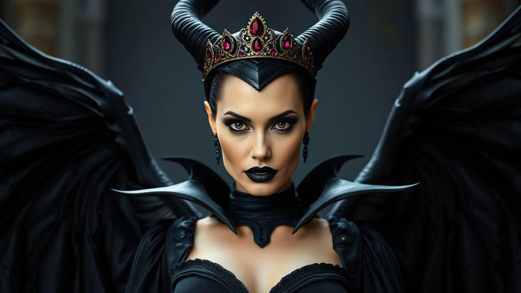 With her jet-black lips and nails makeup, Angelina Jolie embodies Maleficent, a dark creature with sharp black horns and magnificent outstretched wings. She is adorned in a regal black dress, her crown adorned with sparkling red gems. This striking image, reminiscent of a painting, exudes an aura of dark elegance and power. Every detail, from the intricate makeup to the exquisite costume, is meticulously captured in high definition, creating a visually stunning masterpiece that mesmerizes the viewer. looking straight to camera, center composition, blending seamlessly with the surrounding elements, breathtaking precision, great at both photos and artistic style, incredible contrast and shading, depth of field, golden rule, HDR+, magazine cover