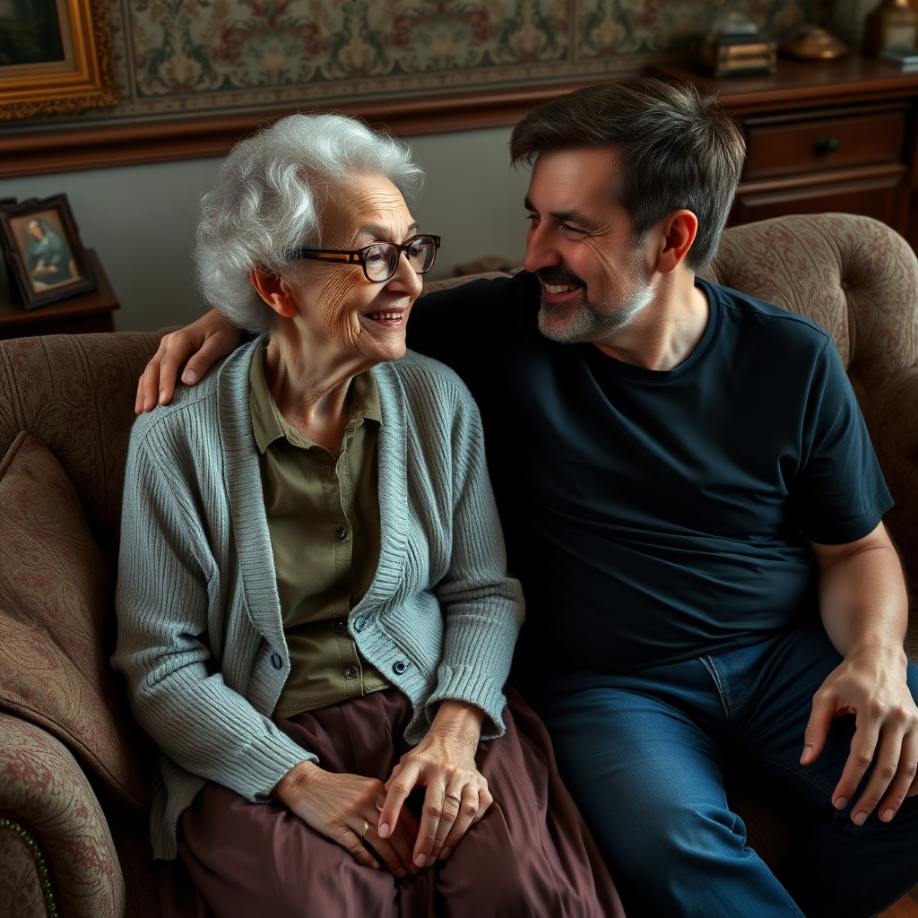 In a scene viewed from an angle and slightly above: In an old-fashioned English living room, a very frail, small and thin, very old and elderly English lady with a kind smile, short, thinning white curly hair, wrinkled face, neck and skin, wearing thin framed glasses, an old cardigan, blouse and long skirt is sitting on a sofa with an English man about 40 years old, grey stubble on his chin, brown hair, sitting close next to her on the same sofa, wearing a black T-shirt and dark blue jeans. The man and woman are smiling at each other. The woman is looking at the man's eyes and smiling. The man is looking at the woman's eyes and smiling.