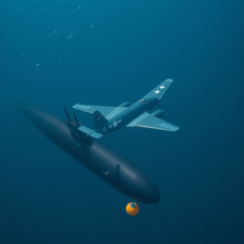 a lockheed p-3 orion flying over a Russian submarine dropping a sonobuoy