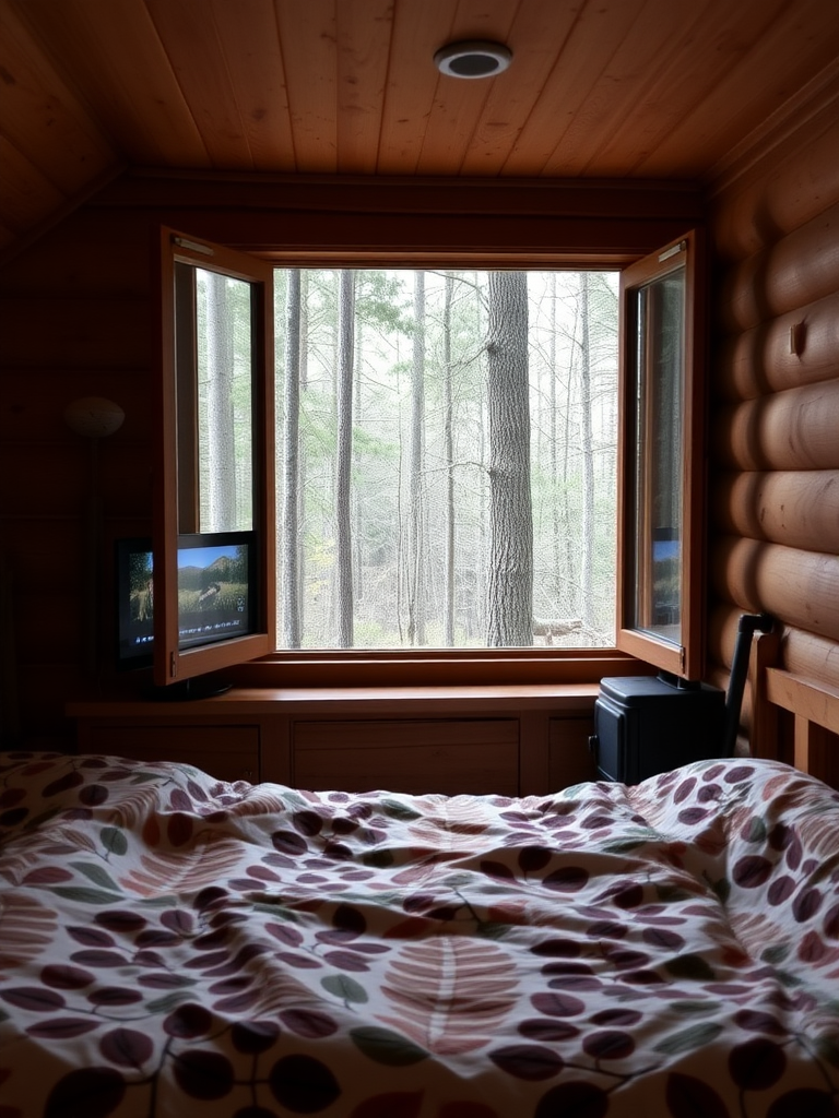 Window, wooden bed, leaf-patterned duvet, old-fashioned TV playing nature documentaries, small stove, scenery of the woods outside the window, real, reality.