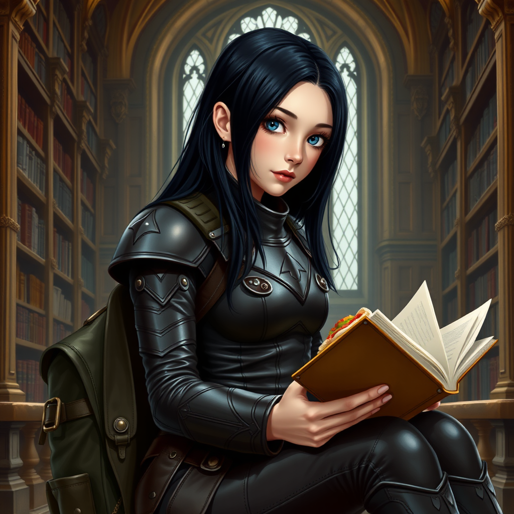 beautiful young woman, dark hair past her shoulders, blue eyes, small, slim figure, wearing full leather armor suit, sitting, reading book, a sandwich and backpack, in a grand old library.