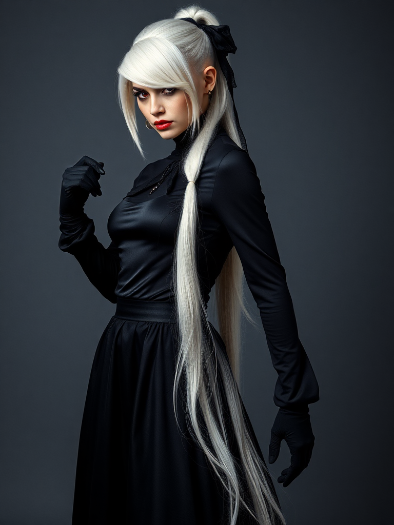 mature adult woman, skinny and tall, long legs, large shoulders, teardrop saggy small breast, long asymmetric undercut layered white hair, side swept bang, long white ponytail tied with a black lace, beautiful detailed face, piercing red eyes with intricate iris details, looking at the camera with a serious expression, wearing gothic style, black silk long sleeve top, black silk long skirt, black pantyhose, black gloves, black ankle boots, standing in a fierce pose with her head held high