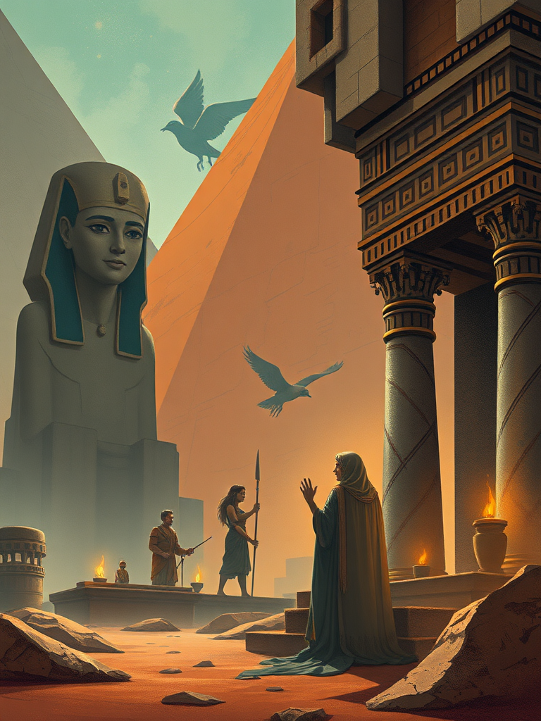 Create the following image prompt: An image in the style of Hermann Hesse and Egyptian style. The scene is freestyle.